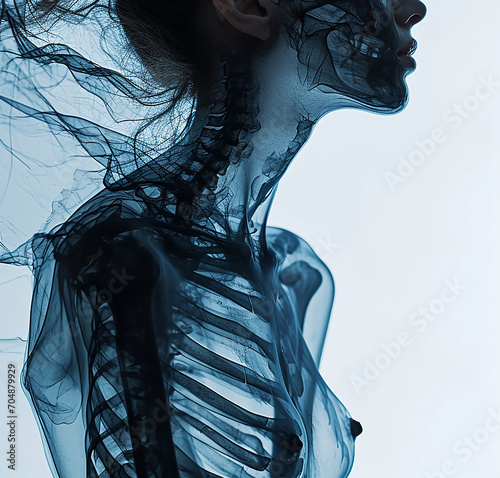 generative ki /Ai - fiktive gerenderte unechte Personen xray röntgenbild gläserne frau torso woman rippen breast anatomie röntenbild körper körperbau
