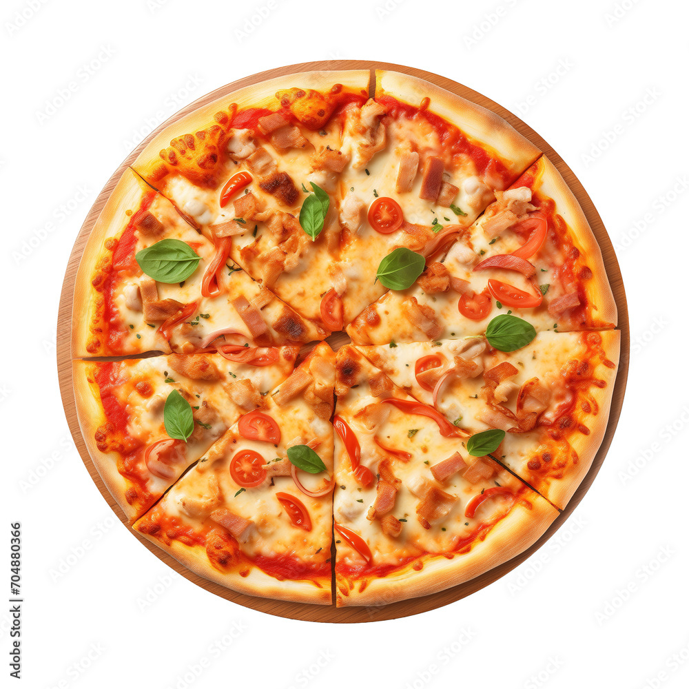 Pizza with ham, cheese and tomato on white background