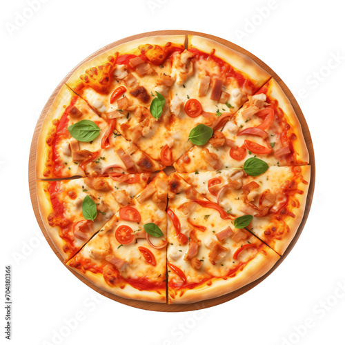 Pizza with ham, cheese and tomato on white background