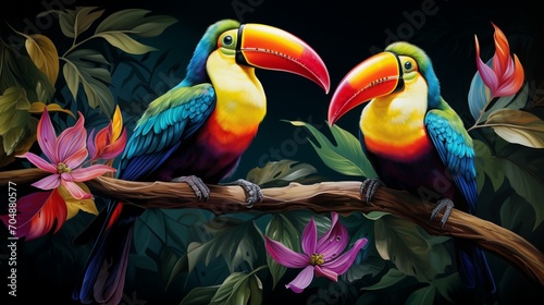 A pair of colorful toucans perched on a branch  their vibrant beaks and plumage capturing the essence of tropical beauty and exotic allure.