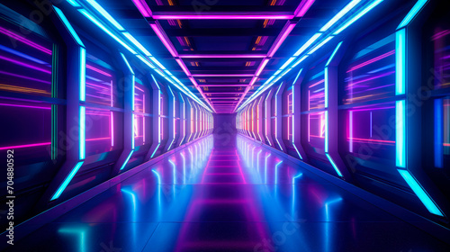 Futuristic architecture sci-fi hallway and corridor tunnel with neon lights.