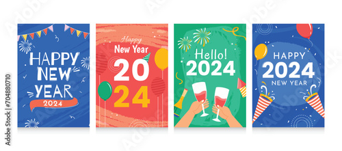 icon set Happy New Year- 2024. illustration Collection of designs with greeting background, New Year, social media promotional content.