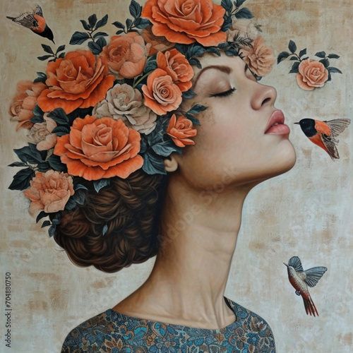 Woman and flowers illustration - AI Generative