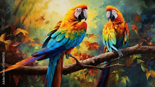 A pair of colorful parrots, their vibrant plumage capturing the sunlight, creating a vivid display of nature's beauty.