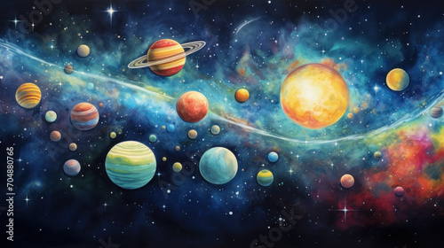 Vibrant watercolor cosmic scene with planets and nebulae. Wall art wallpaper © Photocreo Bednarek
