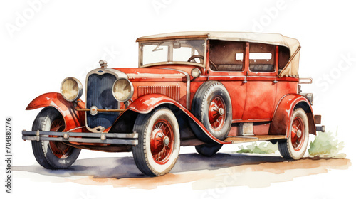 Red vintage convertible car illustration on white. Wall art wallpaper