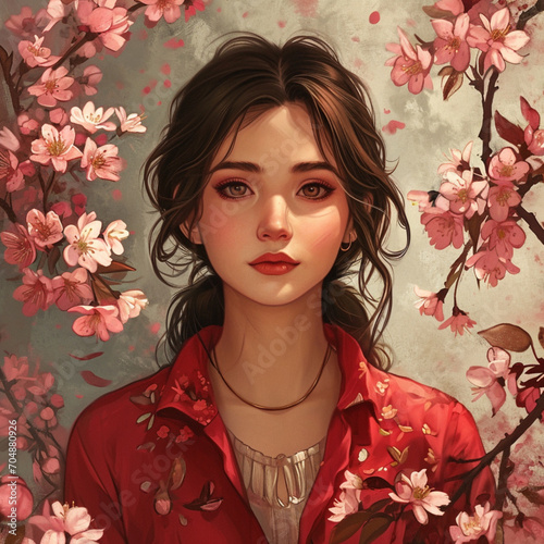Woman and pink flowers - AI Generative