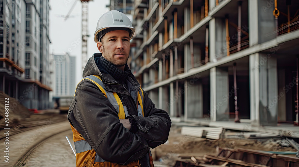 Portrait of a construction worker dressed in work uniform and wearing a hard hat. He is posing at his work site, a building under construction Portrait of a construction worker dressed in work uniform and wearing a hard hat. He is posing at his work site, a building under construction