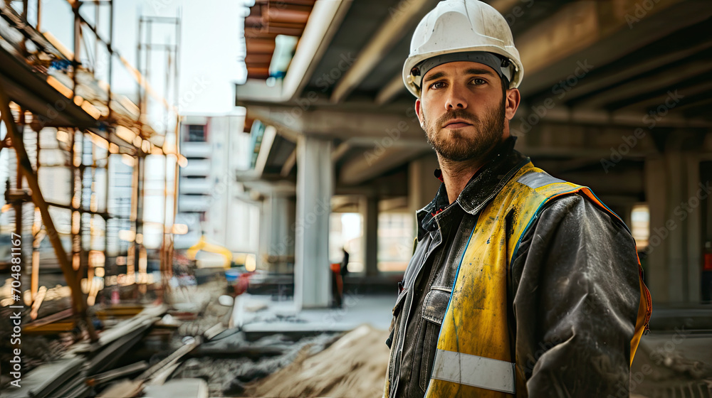 Portrait of a construction worker dressed in work uniform and wearing a hard hat. He is posing at his work site, a building under construction Portrait of a construction worker dressed in work uniform and wearing a hard hat. He is posing at his work site, a building under construction