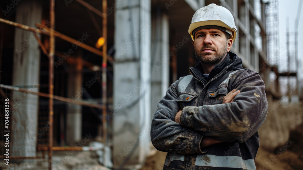 Portrait of a construction worker dressed in work uniform and wearing a hard hat. He is posing at his work site, a building under construction Portrait of a construction worker dressed in work uniform and wearing a hard hat. He is posing at his work site, a building under construction