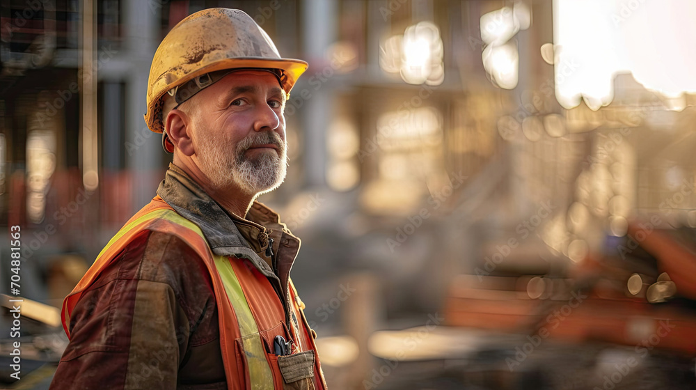 Portrait of a construction worker dressed in work uniform and wearing a hard hat. He is posing at his work site, a building under construction Portrait of a construction worker dressed in work uniform and wearing a hard hat. He is posing at his work site, a building under construction