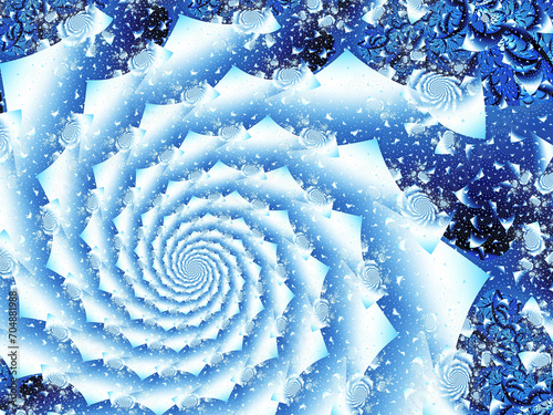 Fractal illustration. Psychedelic painting of magical cold winter day, abstract illustration of spiral like snowstorm