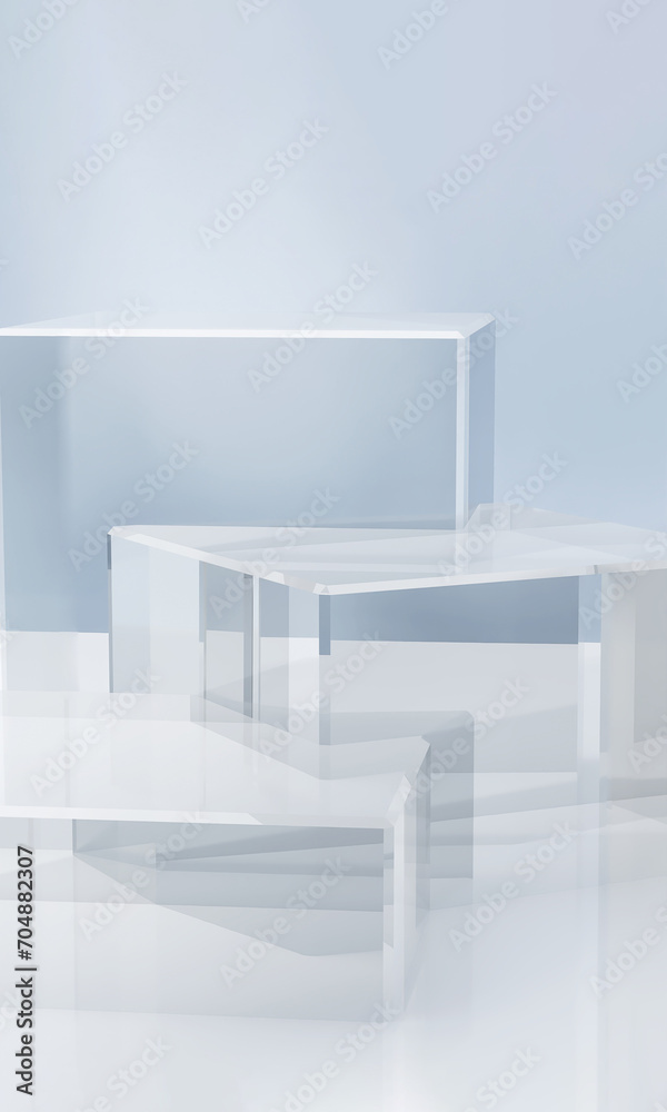 Three modern transparent cuboid podium, geometric pedestal on white counter, dappled light on blue wall. Luxury cosmetic, skincare, beauty, body care, treatment, fashion product display background 3D