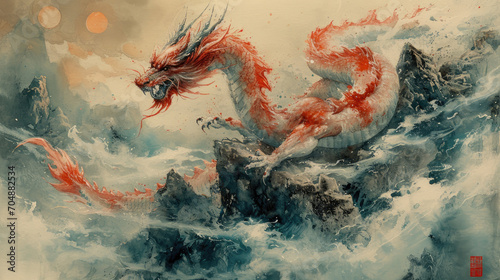 Ink Wash Scarlet Dragon: Chinese Epics Acrylic Portrayal photo