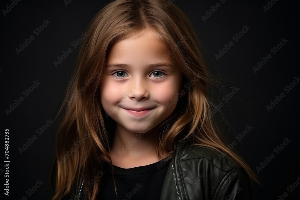 Portrait of a cute little girl in black leather jacket over dark background Portrait of a cute little girl in black leather jacket over dark background