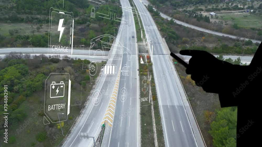 Intelligent Vehicles Cars Communicating Ai Logistic Autonomous Delivery Vehicles IoT GPS Tracking Satellite 5G Smart Roads Traffic Road Junction Interchange Motorway Triangulation Of Traffic Data