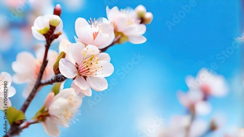 Spring flowering of flowers on a tree, white flowers on a blue background.