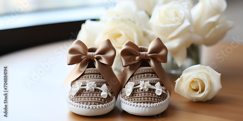 Handmade knitted gray baby shoe  with white flowers on wooden background photo