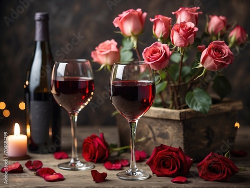 Romantic Celebration Of Valentine's Day with wine and Roses