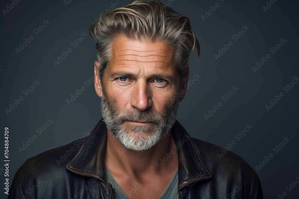 Portrait of a handsome mature man with grey hair and beard. Men's beauty, fashion.