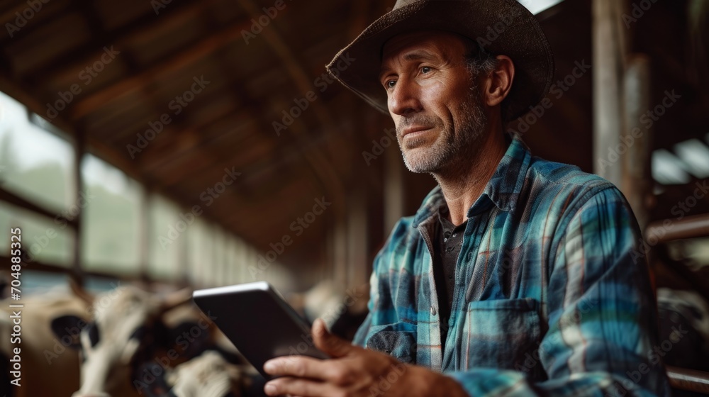 On a cow farm, the modern, tech-savvy farmer manages processes efficiently, holding a tablet in his hands to conduct research and enter data into a database On a cow farm, the modern, tech-savvy farmer manages processes efficiently, holding a tablet in his hands to conduct research and enter data into a database
