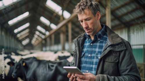 On a cow farm, the modern, tech-savvy farmer manages processes efficiently, holding a tablet in his hands to conduct research and enter data into a database photo