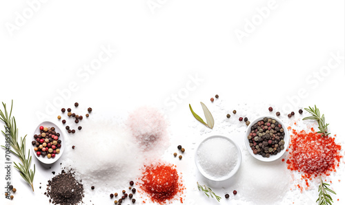 set composition of spices salt pepper basil paprika on a white background