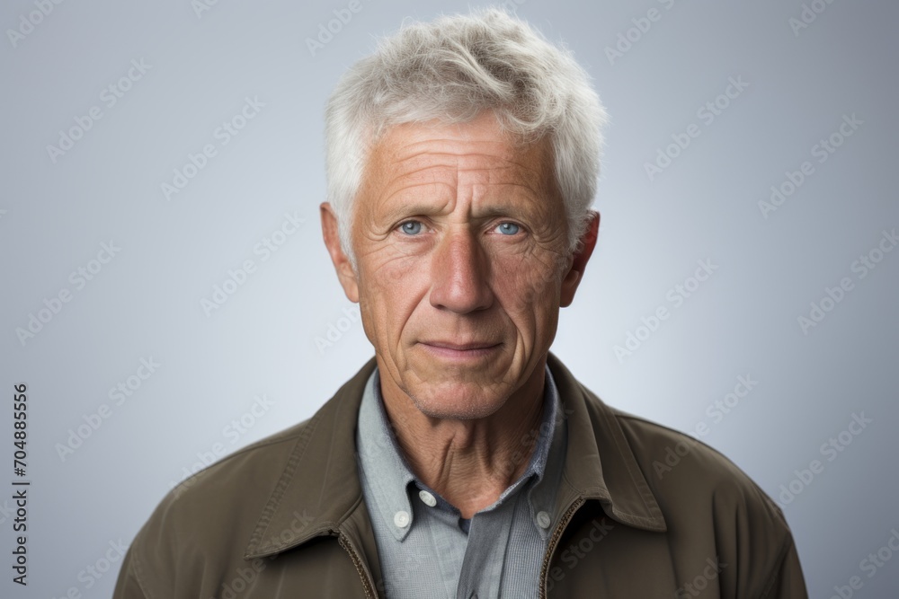 Portrait of a senior man with grey hair over grey background.