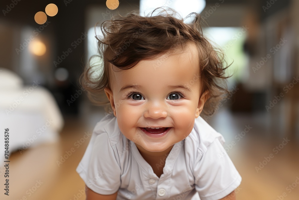 Smiling small little baby in diaper crawling on white floor background, in full growth. Textiles and bed linen for children. Family morning at home. Smiling small little baby in diaper crawling on white floor background, in full growth. Textiles and bed linen for children. Family morning at home.