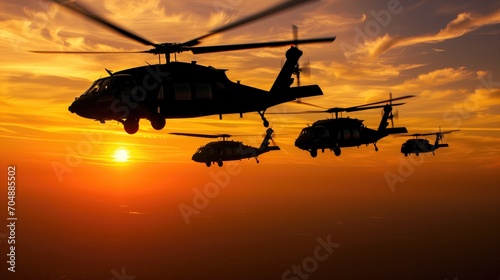 UH60 Blackhawk flying at sunset, Wallpaper, Generative AI
