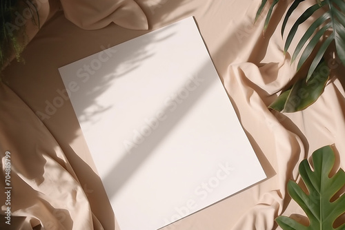 Graphic resources, hobbies and leisure concept. Top view of white blank sheet paper mockup with copy space placed on table and surrounded some plants or flowers photo