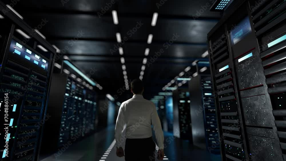 Multi-cloud strategy. IT Administrator Activating Modern Data Center Server with Hologram.