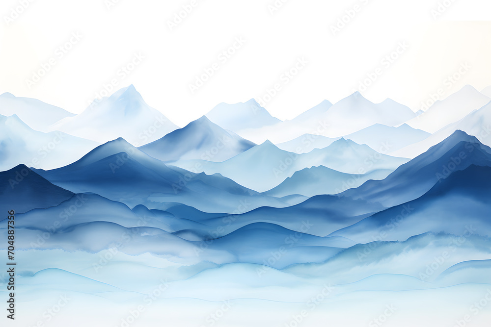 Light blue watercolor waves mountains on white background