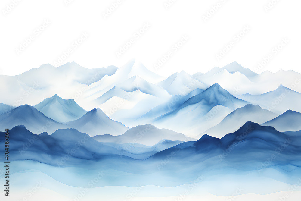 Light blue watercolor waves mountains on white background