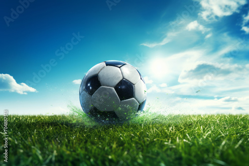 Closeup soccer ball on the green field in low angle with goal on background