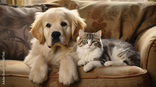 Dog and cat together on the sofa