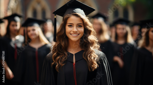 Graduate girl with master degree in black graduation robe and cap happy young woman careerist have success in her business. photo