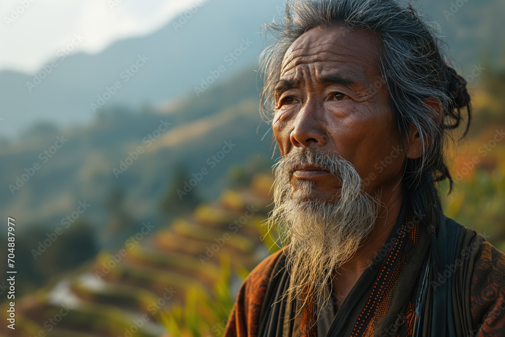 asian rural man in folk clothes against the background of a valley with agricultural terraces - obrazy, fototapety, plakaty 