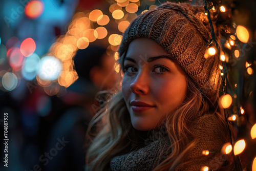 portrat of young woman outdoor in winter city against the background of a Christmas tree with a glowing garland photo
