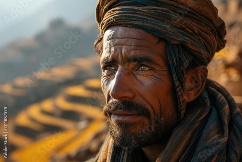 arabian rural man in national clothes against the background of a valley with agricultural terraces photo