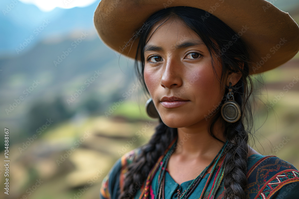 young peruvian woman in national clothes - obrazy, fototapety, plakaty 