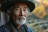 asian rural man in folk clothes against the background of a valley with agricultural terraces