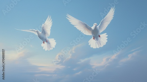A serene scene of a duo of white birds gracefully gliding across the endless expanse of a cloudless blue sky, their presence adding a touch of purity to the atmosphere.