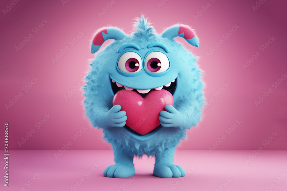Cute blue monster holding a pink heart, fun love and Valentine's day or birthday greeting card - obrazy, fototapety, plakaty 