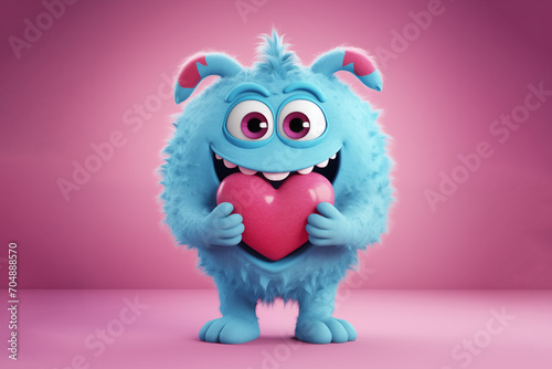 Cute blue monster holding a pink heart, fun love and Valentine's day or birthday greeting card