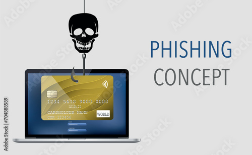 Phishing bank credit card and laptop with login and password. Fishing alert. Information poster. gray gradient background