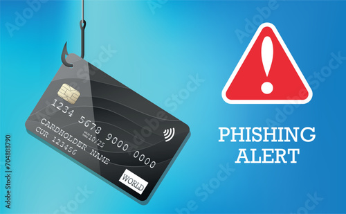 Plastic bank card on a fishing hook. Money trap concept. Phishing credit card on a fishing hook. Fishing alert. Awareness poster.