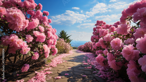 Romantic background. The road goes into the distance among rose bushes.