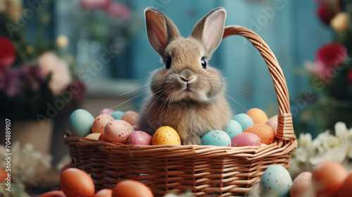 Cute easter bunny rabbit in shopping basket with painted eggs on a blue background.