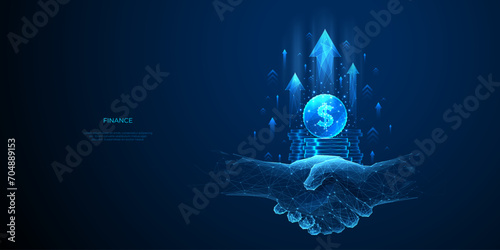 Increase Revenue and Successful Partnership Concepts. Handshake and Coin Stack with Growth Arrow Up on Technology Blue Background in Polygonal Digital Style. Low Poly Wireframe Vector Illustration.